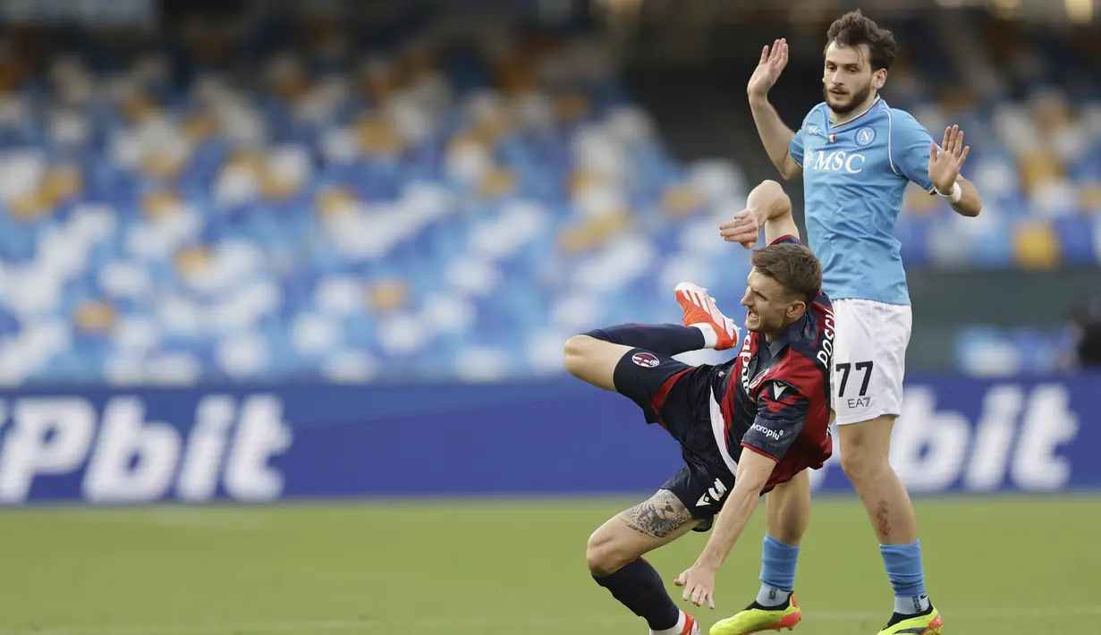 <p>Dua gol Bologna tercipta pada babak pertama oleh Dan Ndoye dan Stefan Posch. (Alessandro Garofalo/LaPresse via AP)</p>