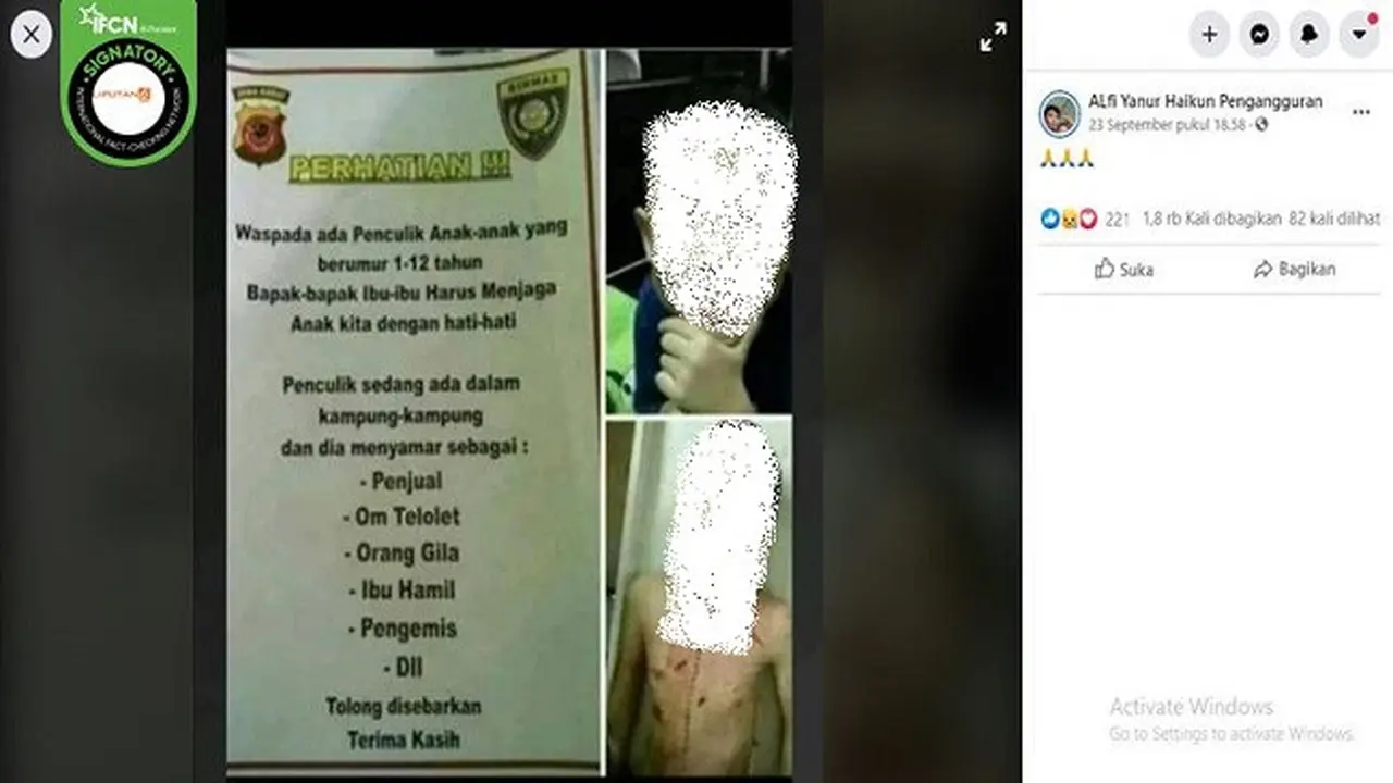 Gambar Tangkapan Layar Poster Hoaks Berisi Imbauan Waspada Penculikan Anak