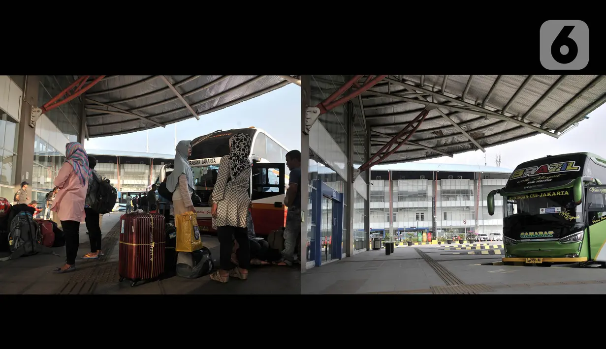 Foto kombo yang menunjukkan aktivitas pemudik pada H-8 Idul Fitri tahun lalu di Terminal Pulo Gebang, Jakarta, Selasa (28/5/2019) dan suasana sepi arus mudik akibat pandemi virus corona COVID-19 di Terminal Pulo Gebang, Minggu (17/5/2020). (merdeka.com/Iqbal S. Nugroho)