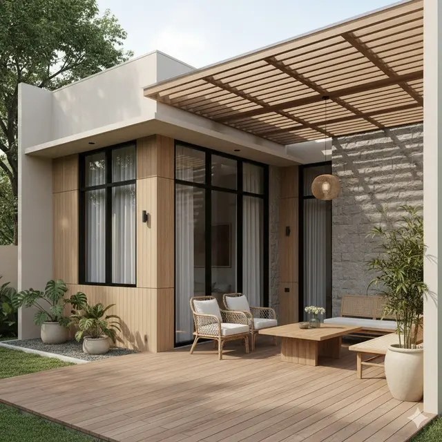 Model teras rumah yang sedang tren tahun 2025 (Image by Gemini AI)