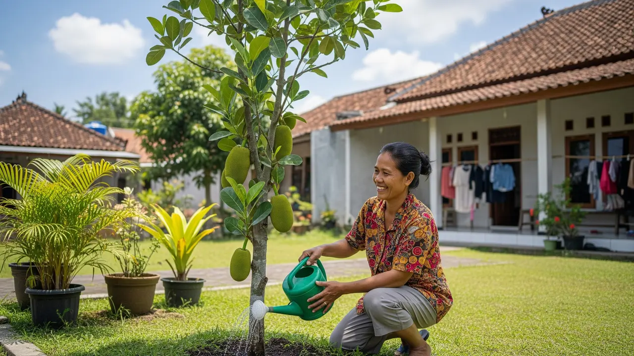 Menyiram pohon nangka
