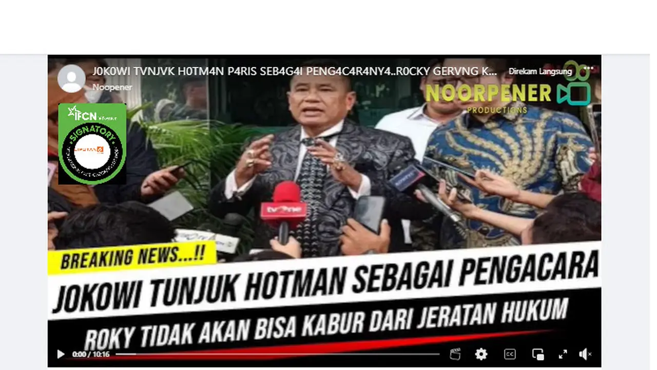 Tangkapan layar klaim video Jokowi tunjuk Hotman Paris sebagai pengacara untuk hadapi Rocky Gerung