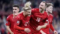 Denmark membuat kejutan dengan menghajar Prancis dua gol tanpa balas dalam matchday pemungkas Grup 1 UEFA Nations League A 2022/2023, Senin (26/9/2022). (Liselotte Sabroe/Ritzau Scanpix via AP)