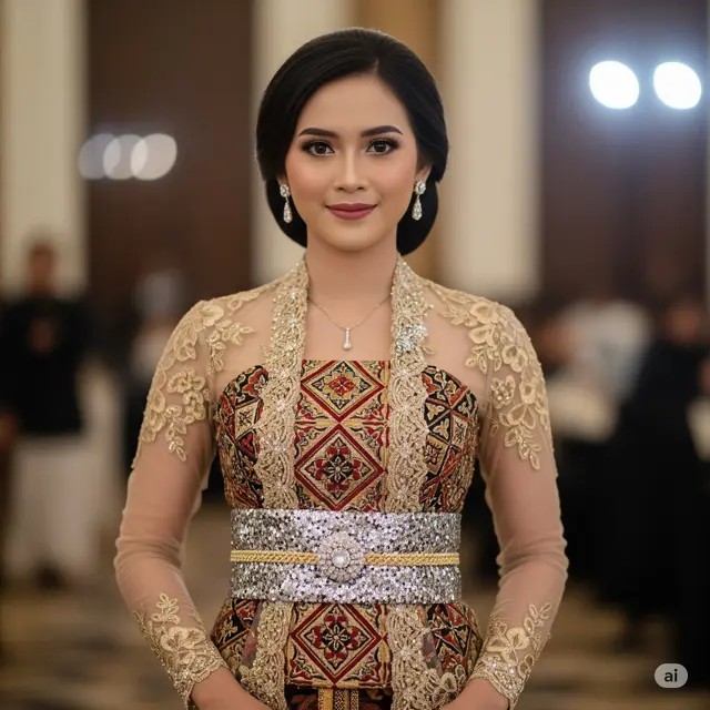 Model Kebaya Brokat Ikat Pinggang Kebaya Brokat Tile + Obi Berpayet. Foto: Gemini
