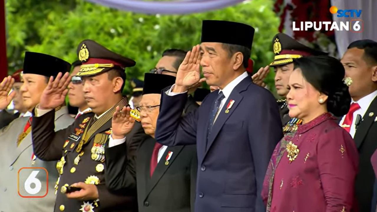 Prabowo Subianto mengikuti upacara peringatan Hari Ulang Tahun (HUT) ke-78 Bhayangkara Polri di Monas, Jakarta Pusat, Senin (1/7/2024).