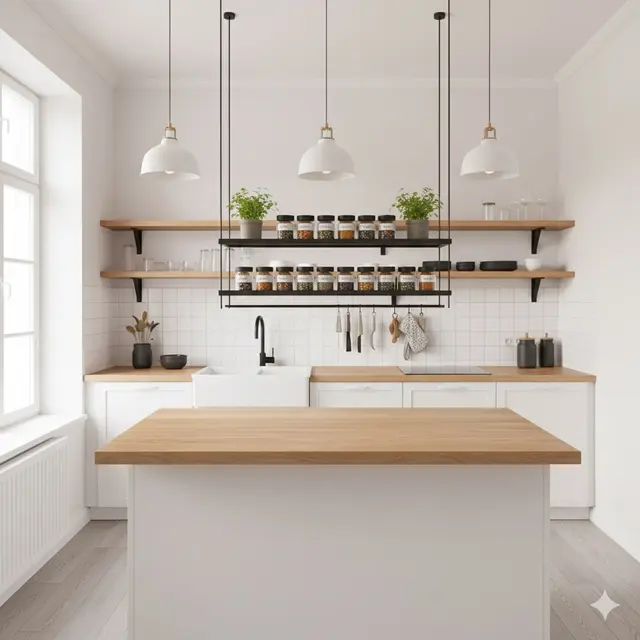 Inspirasi Dapur Kecil Modern dengan Rak Besi Terbuka dan Countertop Kayu