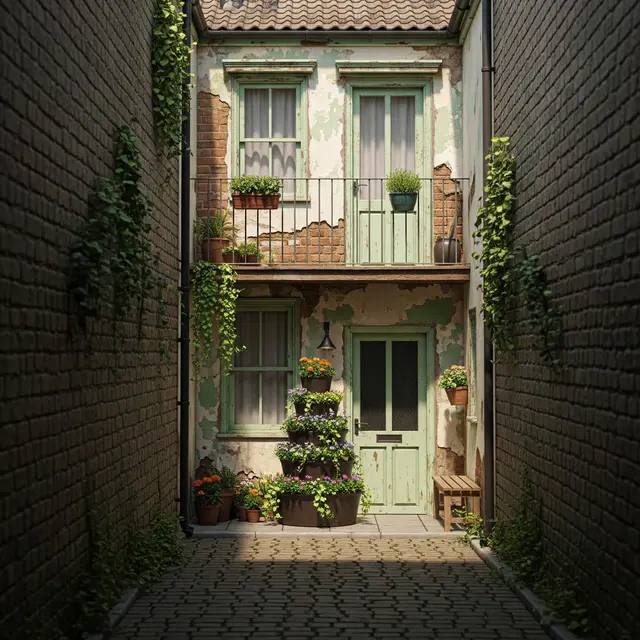 Contoh Rumah di Gang Sempit Tapi Tetap Punya Kebun (AI)