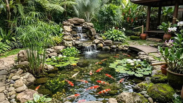 Desain Kolam Ikan Dangkal yang Menggabungkan Ikan dan Tanaman Hias