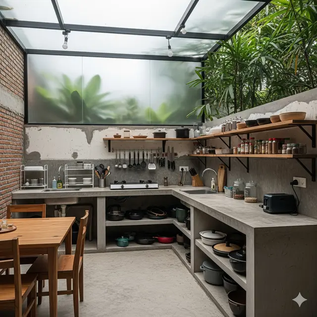 Dapur Semi Outdoor Bergaya Industrial dengan Atap Kaca Buram