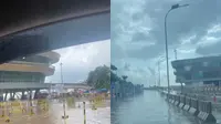 Tangkapan layar rekaman video warga memperlihatkan Pelabuhan Bakauheni, Lampung Selatan banjir. Foto : (Istimewa).