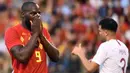 Striker Belgia, Romelu Lukaku, tampak kecewa gagal membobol gawang Portugal pada laga persahabatan di Stadion King Baudouin, Brussels, Sabtu (2/6/2018). Kedua negara bermain imbang 0-0. (AFP/Emmanuel Dunand)