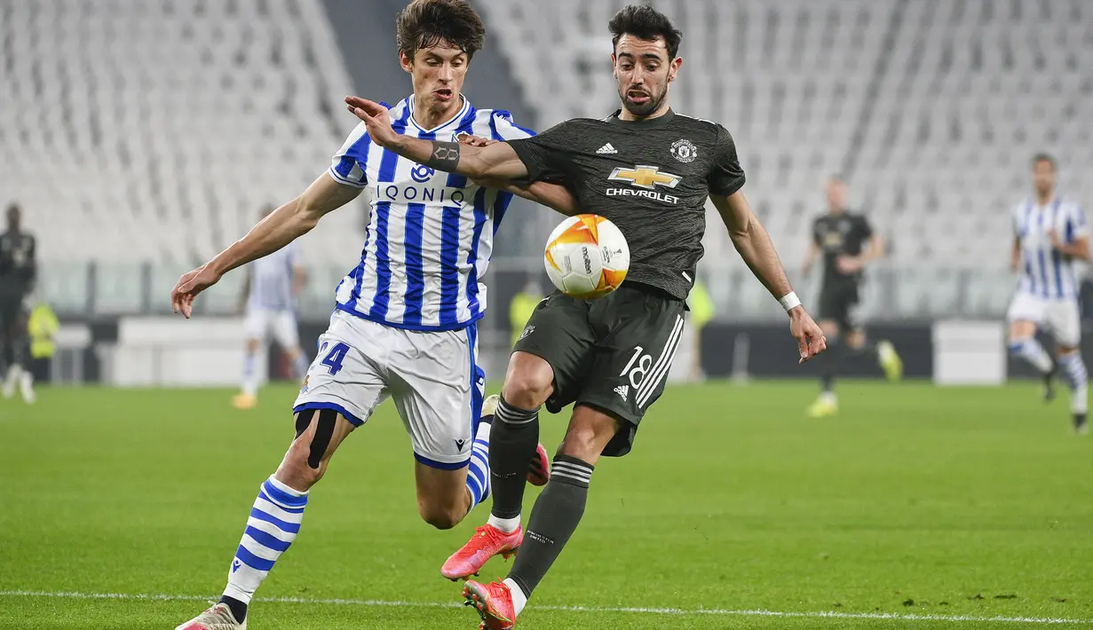 Bruno Fernandes kembali menjaringkan bola ke dalam gawang Real Sociead pada menit ke-57, dengan sepakan kaki kanan. (Foto: AP/LaPresse/Marco Alpozzi)