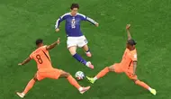 Namun, hanya berselang tujuh menit, Jepang mampu mencetak gol balasan yang membuat kedudukan menjadi imbang 1-1. Keito Nakamura menjadi pencetak gol bagi Jepang setelah menerima umpan dari Takefusa Kubo. (AP Photo/Sam Hodde)