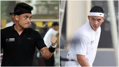 Foto kolase ekspresi artis yang sekaligus atlet MMA, Randy Pangalila (kiri) saat bertanding melawan Rezky Aditya (kanan) dalam pertandingan tenis tunggal putra Turnamen Olahraga Selebriti Indonesia yang berlangsung di Gelanggang Olahraga UNJ, Rawamangun, Jakarta Timur, Sabtu (29/7/2023). (Bola.com/Abdul Aziz)