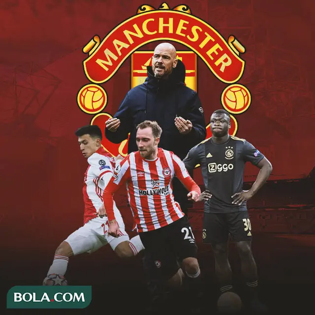 Manchester United - Eric ten Hag dikelilingi Lisandro Martinez, Christian Eriksen, dan Brian Brobbey
