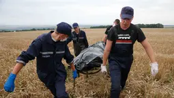 Para petugas juga membawa sisa puing untuk keperluan penyidikan. Ukraina menuduh pemberontak Rusia dan pro-Moskow menghancurkan bukti kejahatan dari sisa reruntuhan pesawat (REUTERS/Maxim Zmeyev).
