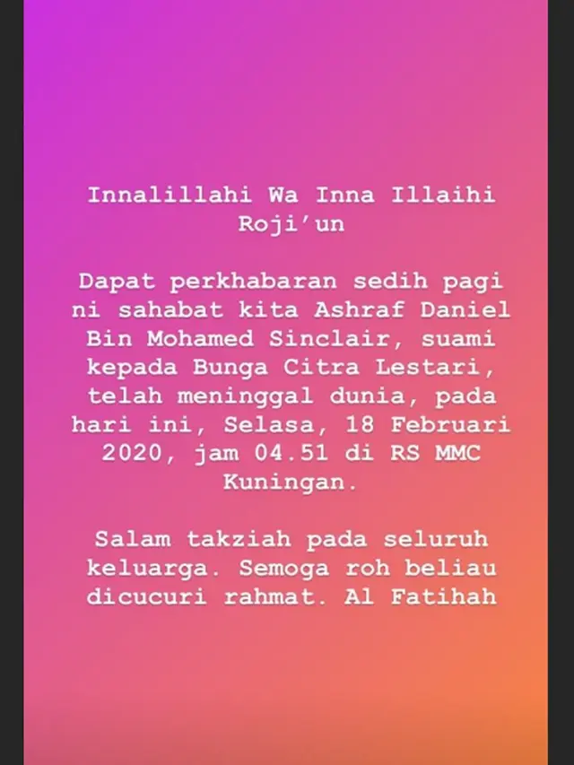 Ucapan duka Bront Palarae untuk Ashraf Sinclair (Instagram/ bront_palarae)
