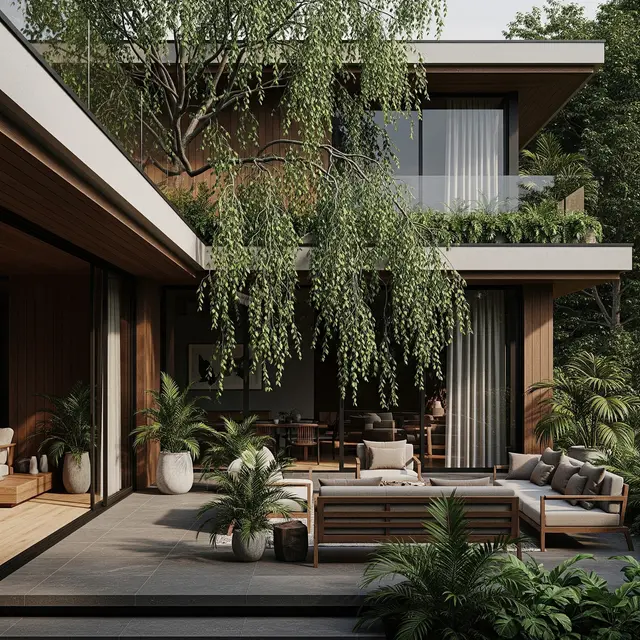 Teras Earth Tone dengan Kombinasi Tanaman Rambat (AI Generated)