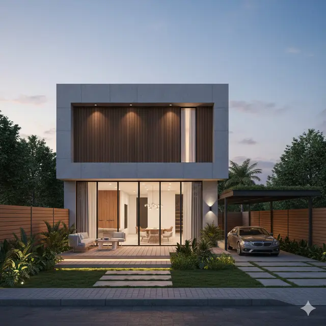 Denah Rumah 2 Lantai Dengan Carport dan Taman