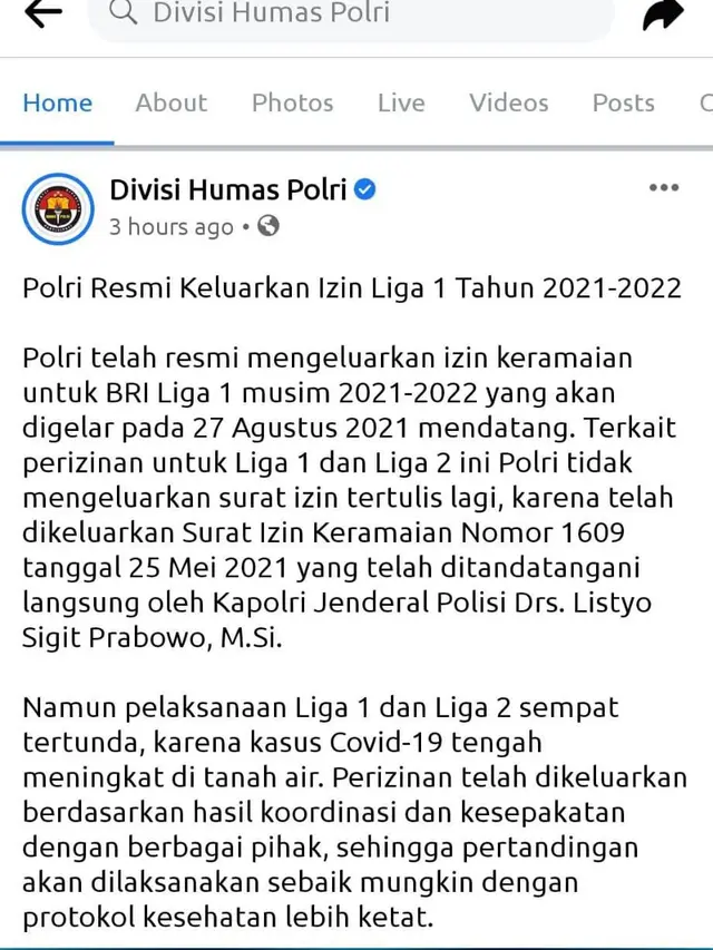 Unggahan Divisi Humas Polri di Facebook terkait izin untuk BRI Liga 1.