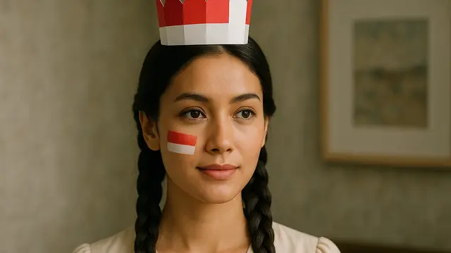 Model Rambut Kepang 2 dengan Aksesori Merah Putih di Wajah