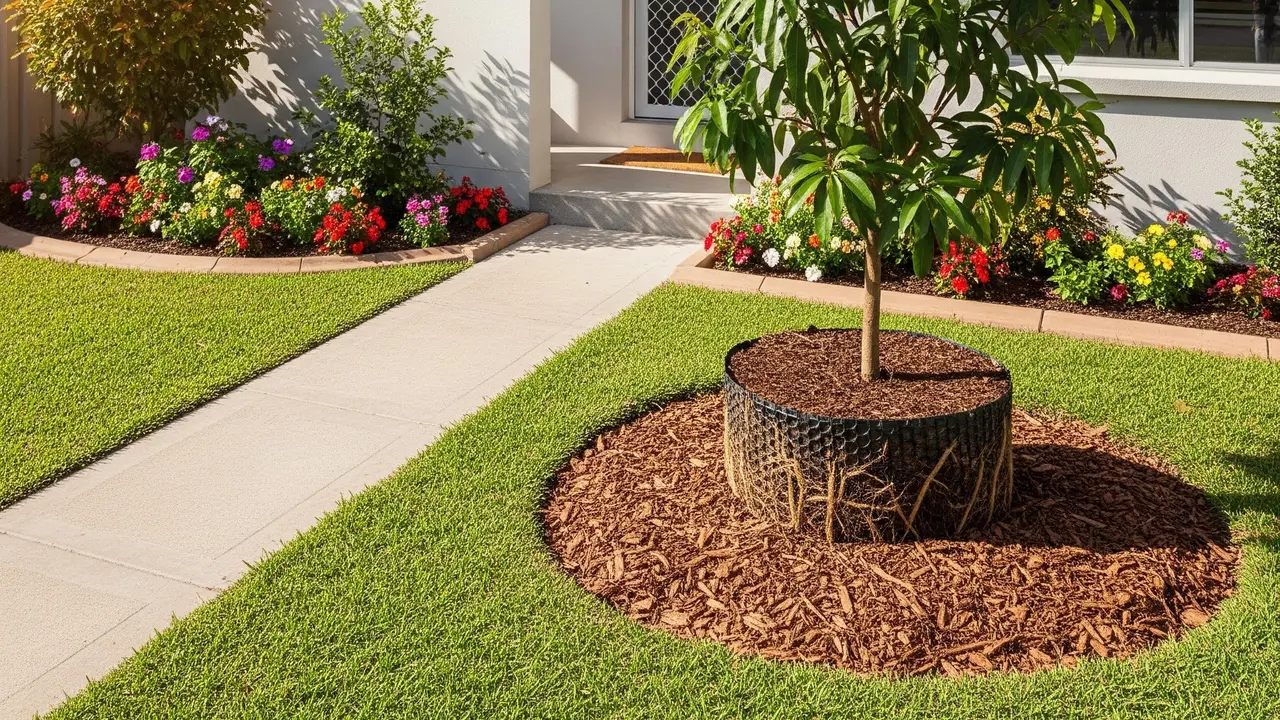 Desain Taman Depan Rumah yang Aman dari Akar Pohon Buah (Gemini AI)