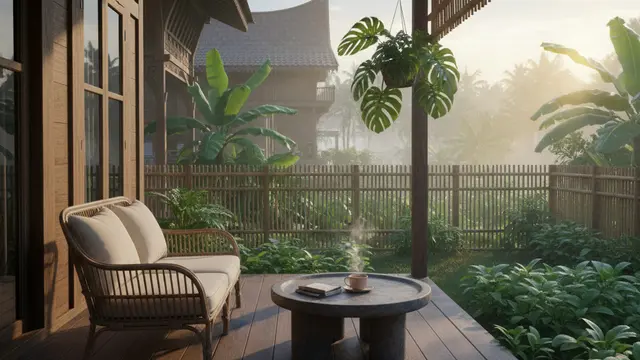 Teras Rumah Nyaman untuk Ngopi dengan View Kebun Hijau. AI