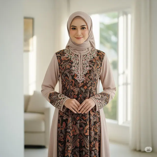 Dress Batik Kombinasi dengan Detail Bordir