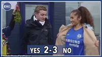 Fans Chelsea, Sophie Rose (kanan), mengetes loyalitas salah satu pendukung Tottenham Hotspur (kiri). (dok. Youtube via Daily Mail)