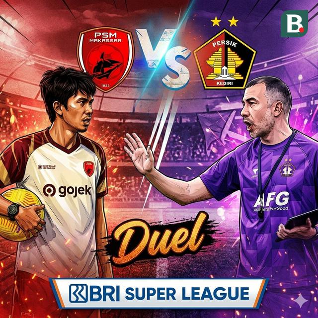 Ilustrasi duel pelatih PSM vs Persik di BRI LIga 1. (Bola.com/Gemini)