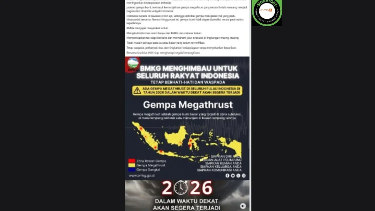 Cek Fakta Liputan6.com mendapati klaim unggahan yang menyebutkan BMKG memprediksi gempa megathrust akan terjadi di seluruh Indonesia pada 2026.