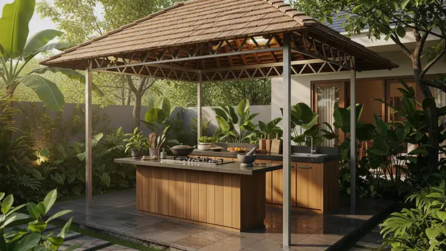 Desain Dapur Belakang Rumah yang Teduh dengan Rangka Baja Ringan/Gemini AI