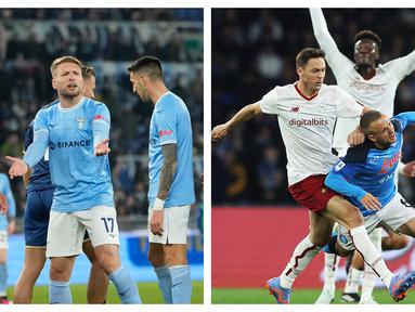 Dua tim ibu kota, Lazio dan AS Roma gagal memetik hasil mamkimal dalam laga pekan ke-20 Liga Italia 2022/2023, Senin (30/1/2023) dini hari WIB. Lazio yang menjamu Fiorentina harus puas bermain imbang 1-1, sementara AS Roma yang bertandang ke markas Napoli harus takluk 1-2 dari sang pemimpin klasemen sementara. (Kolase La Presse dan AP Photo)