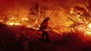 Seorang petugas pemadam kebakaran memerangi Dixie Fire yang menjalar ke Highway 395 di selatan Janesville, Lassen County, California, Amerika Serikat, Senin (16/8/2021). Kebakaran hutan mengancam untuk menyebarkan ke beberapa wilayah di California utara. (AP Photo/Noah Berger)