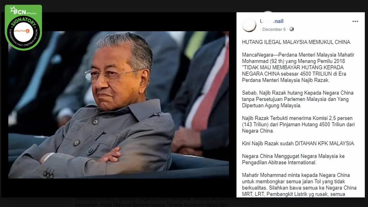 [Cek Fakta] PM Malaysia Mahathir Mohamad Tolak Bayar Utang 4.500 Triliun ke China
