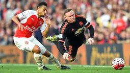 Pemain Manchester United Wayne Rooney berebut bola dengan pemain Arsenal Alexis Sanchez  pada Laga lanjutan Liga Premier Inggris di Emirates Stadium. Minggu (04/10/2015). Arsenal menang 3-0 atas MU.(Reuters / Dylan Martinez)