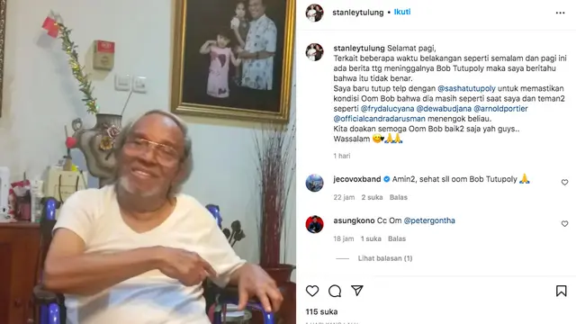 Kerabat Pastikan Kabar Bob Tutupoly Tutup Usia Tidak Benar, Ungkap Kondisi Terkini. (instagram.com/stanleytulung)