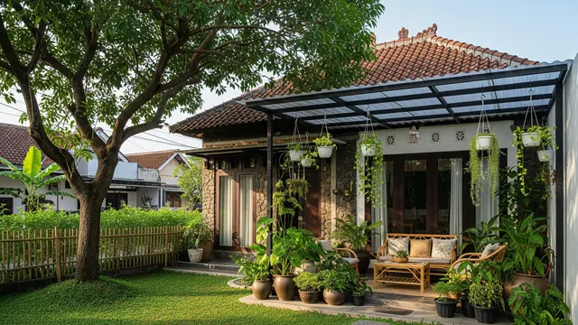 Rumah dengan Teras Mini dan 1 Pohon Rindang Model Teras Semi Outdoor dan Atap Transparan