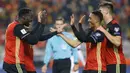 Striker Belgia, Romelu Lukaku, merayakan gol yang dicetaknya ke gawang Estonia. (Reuters/Francois Lenoir)