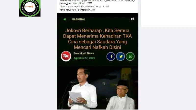 Penelusuran klaim  Jokowi Berharap Semua Menerima Kehadiran TKA China Sebagai Saudara yang Mencari Nafkah