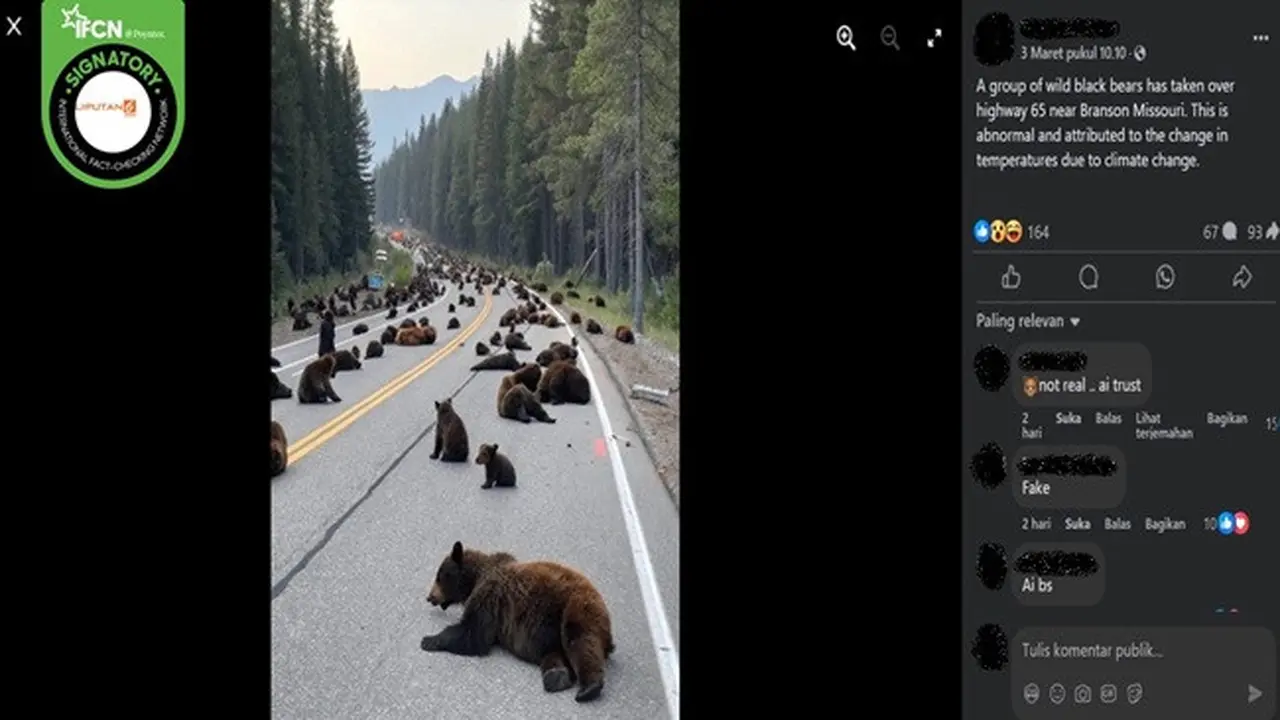 Gambar tangkapan layar foto yang diklaim sekelompok beruang hitam memenuhi jalanan di Missouri, Amerika Serikat. (sumber: Facebook)