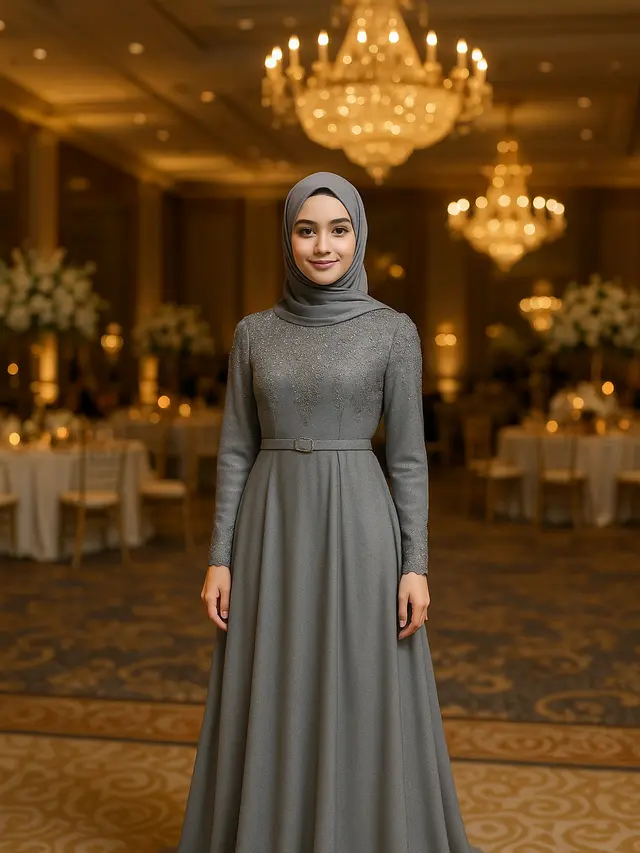 Model Gamis Kondangan Abu Abu