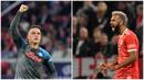 Ekspresi dari Giacomo Raspadori (kiri) usai Napoli menunjukkan penampilan luar biasa saat mengalahkan Ajax Amsterdam 6-1 pada matchday ketiga Grup A Liga Champions 2022/2023. Dan eskpresi dari Eric Maxim Choupo-Moting (kanan) saat Bayern Munchen mengalahkan Viktoria Plzen dengan skor 5-0 di Allianz Arena, Jerman, Selasa (4/10/2022) malam WIB. (AFP/Francois Walschaerts, Christof Stache)