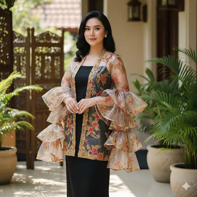 Outer Transparan Brokat-Batik dengan Ruffle