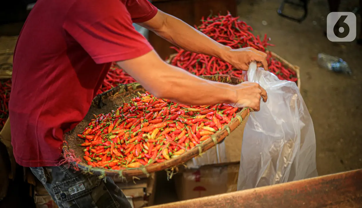 Pedagang memasukan cabai rawit merah ke dalam bungkusan di Pasar Induk Kramat Jati, Jakarta, Senin (20/6/2021). Harga cabai rawit merah di pasar-pasar DKI Jakarta naik menjadi rata-rata Rp108.043 per kilogram (kg). Bahkan, di beberapa pasar harga cabai tembus Rp120 ribu per kg. (Liputan6.com/Faizal Fanani)