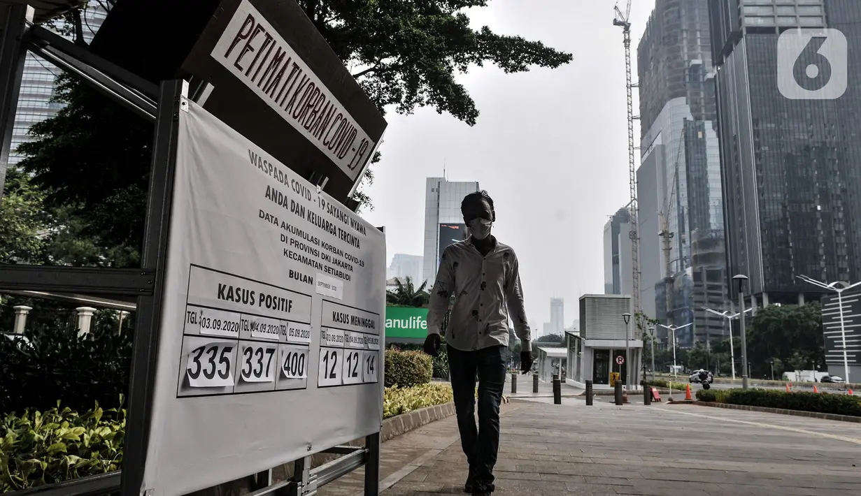 Warga berjalan dekat Tugu Peti Mati Covid-19 di kawasan Sudirman, Jakarta, Minggu (6/9/2020). Dinas Kesehatan DKI Jakarta menyatakan positivity rate Covid-19 pada sepekan terakhir naik 13,1 persen atau melebihi standar yang ditetapkan WHO yakni lima persen. (merdeka.com/Iqbal S. Nugroho)