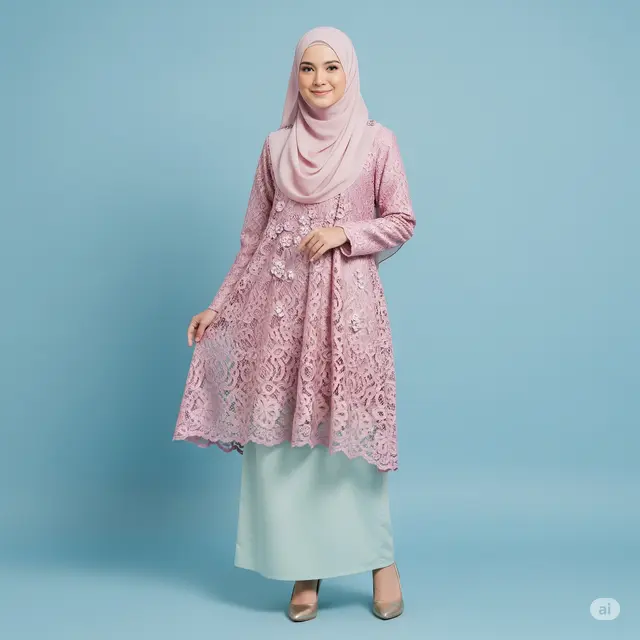 Model Gamis Kombinasi Brukat dan Katun Terkini