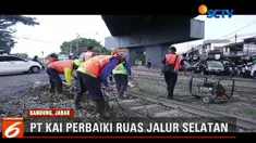 Perbaikan difokuskan pada  bantalan rel kereta api di beberapa titik yang rusak.