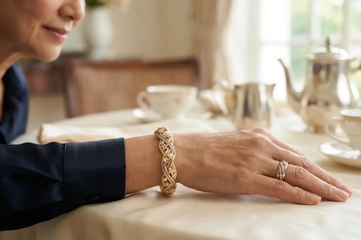 Model Gelang Emas Twist Tiga Warna yang Cocok untuk Wanita 50 Tahun ke Atas
