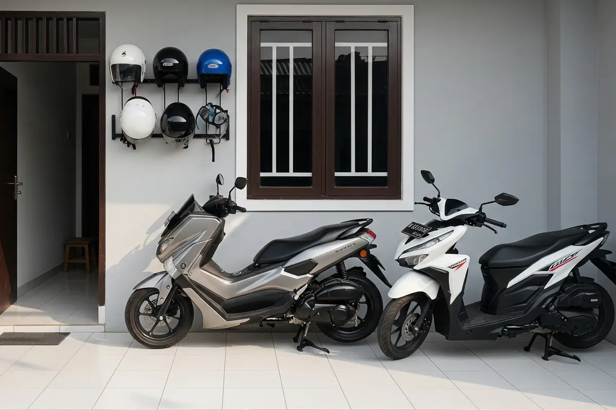 Model Teras Rumah Modern dengan Rak Helm & Parkir Motor Tertata/ Ilustrasi AI